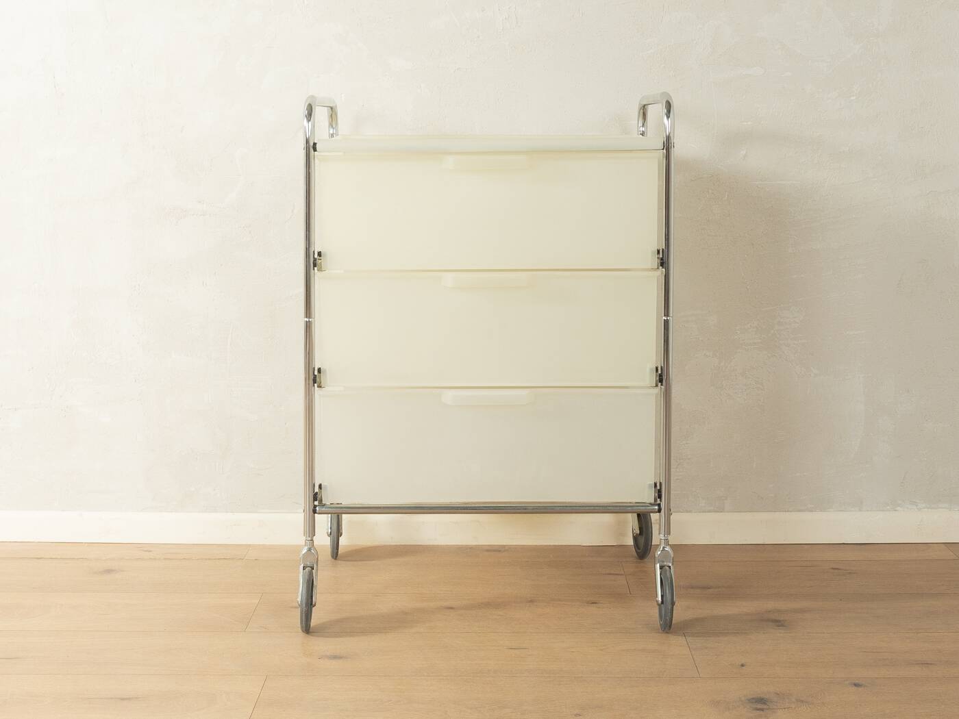 Functional rolling container with chrome frame and transparent drawers, 1980s