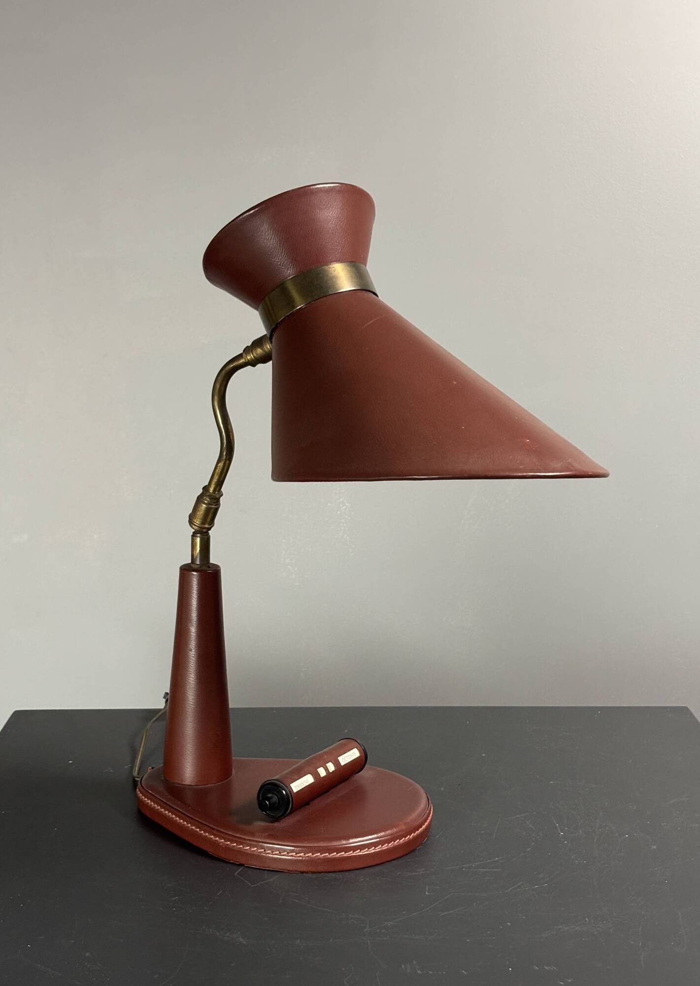 Midcentury leather wrapped French desk lamp style of Jacques Adnet, 1950s