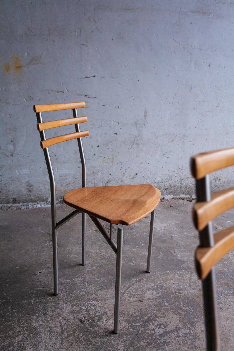 Set of 4 Zumsteg Chairs — Light Wood Seats with Grey Metal Tubular Frames, Postmodern Industrial