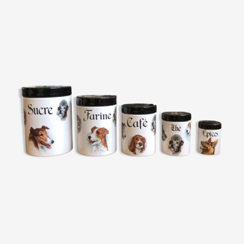 Lot série de 5 pots à condiments ou épices en céramique décor chiens