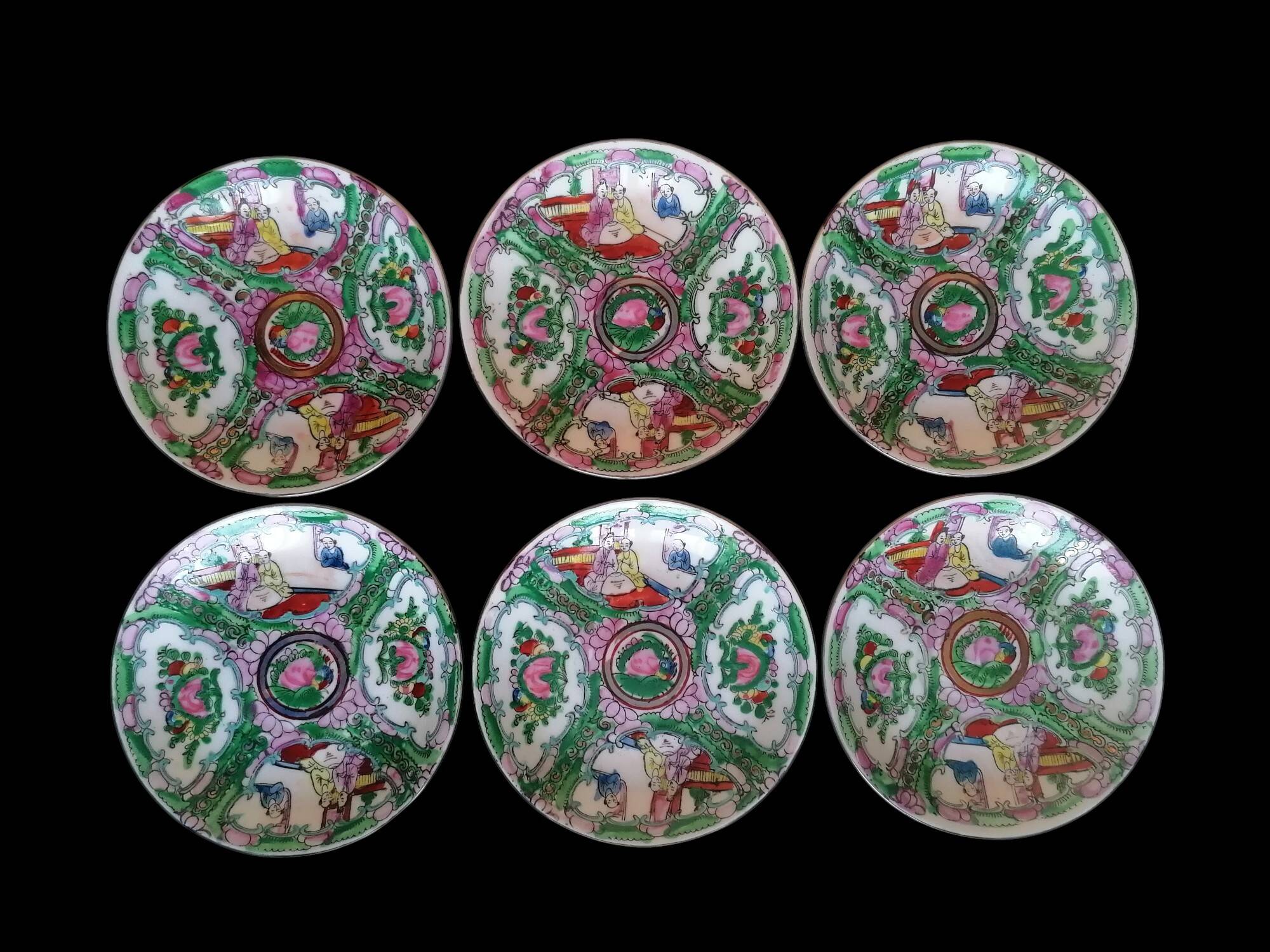 Canton porcelain tea service with 6 cups and teapot.