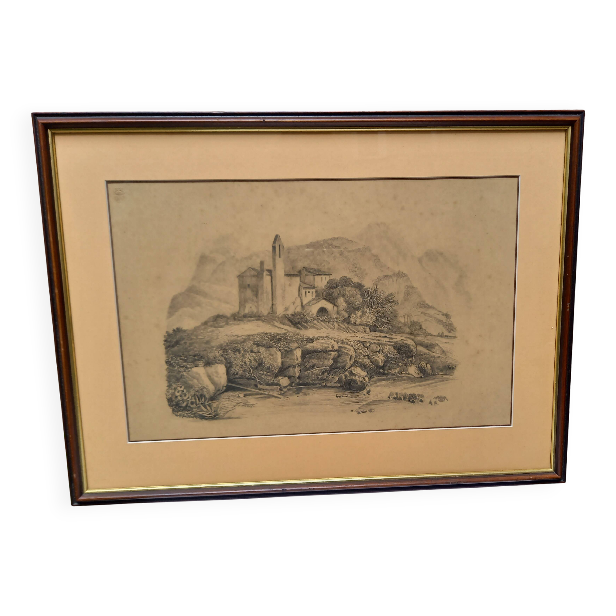 Antique pencil drawing, village, mountain landscape, late 19th century