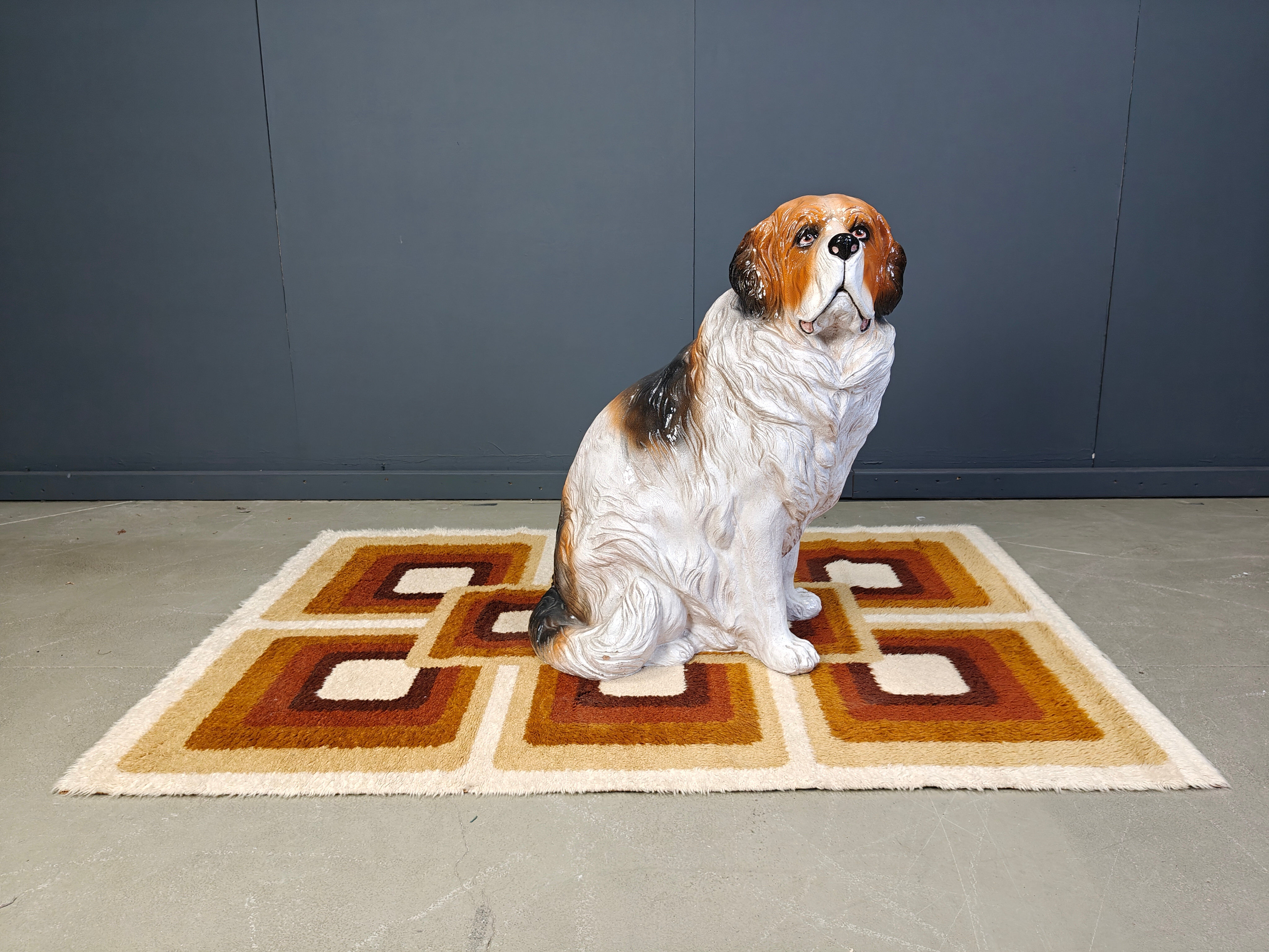 Life sized vintage glazed terracotta St Bernard dog sculpture, 1960s