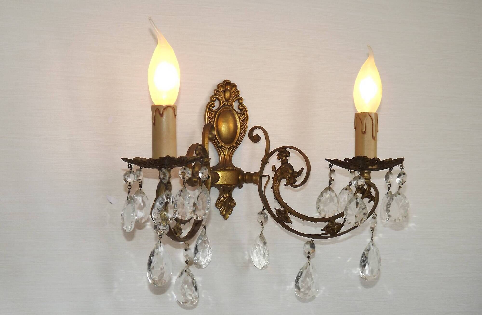 French Vintage Double Bronze & Crystal Wall Light - Stylized Dolphin Detail