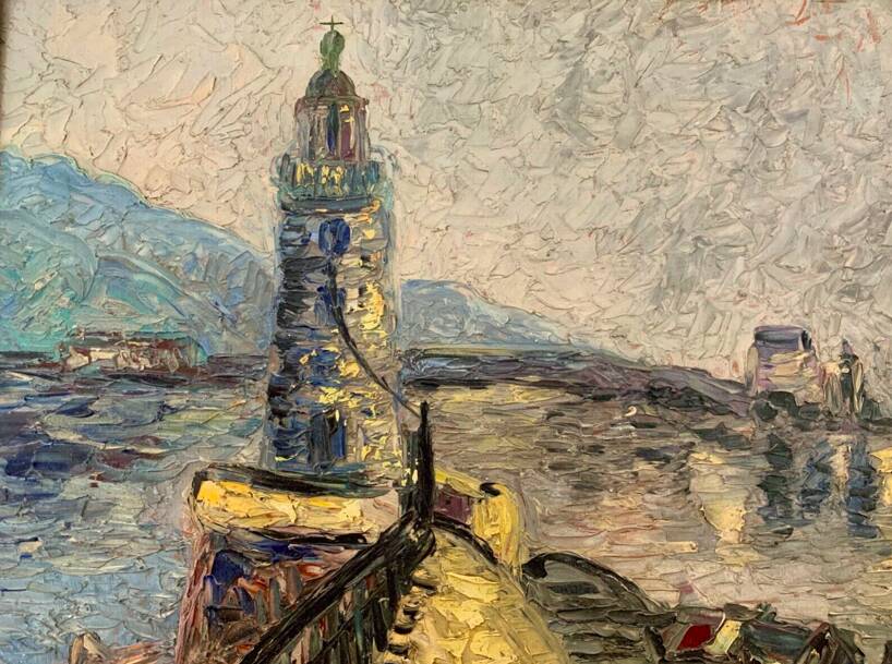 Large OIL ON WOOD representing the view of a "Lighthouse on the pier"