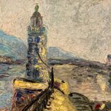 Large OIL ON WOOD representing the view of a "Lighthouse on the pier"