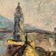 Grande huile sur bois représentant la vue d'un "phare sur la jetée"