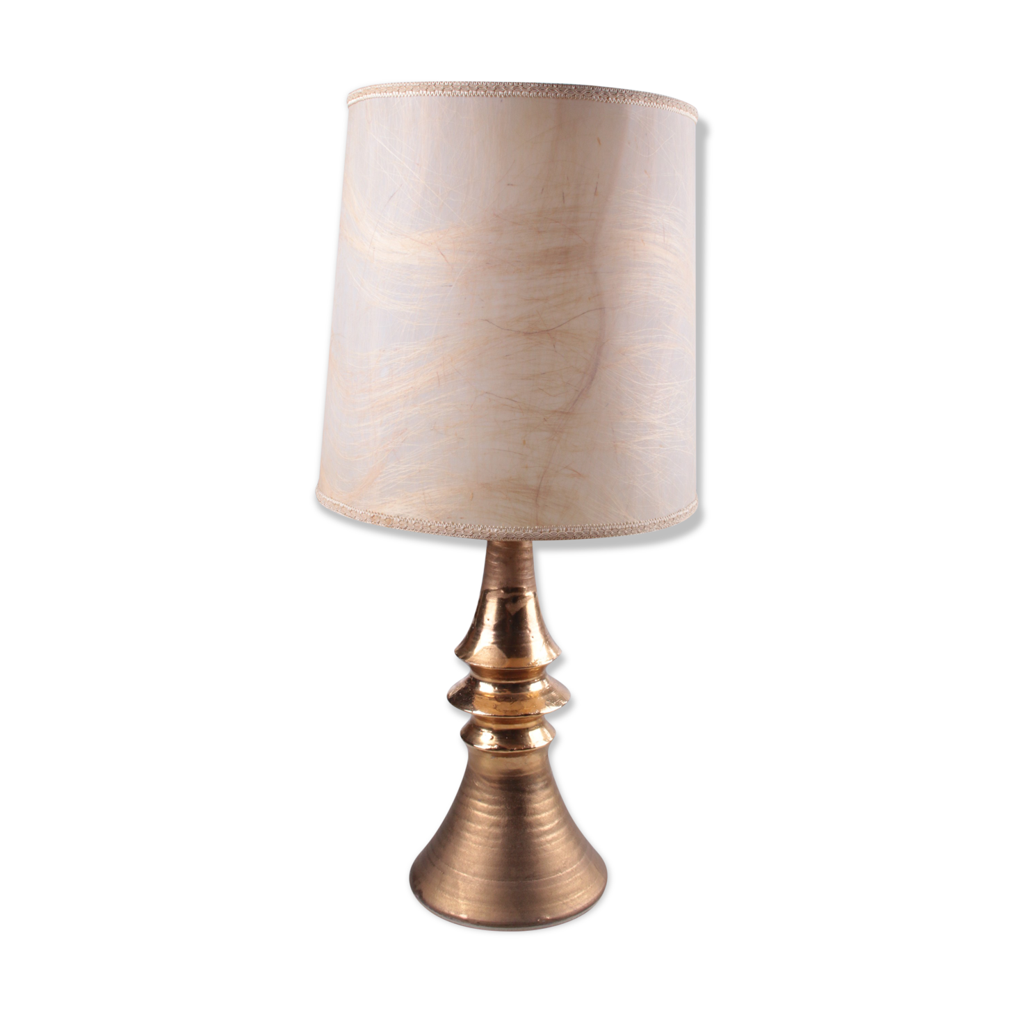 Ceramic gold table lamp with original shade, 70s
