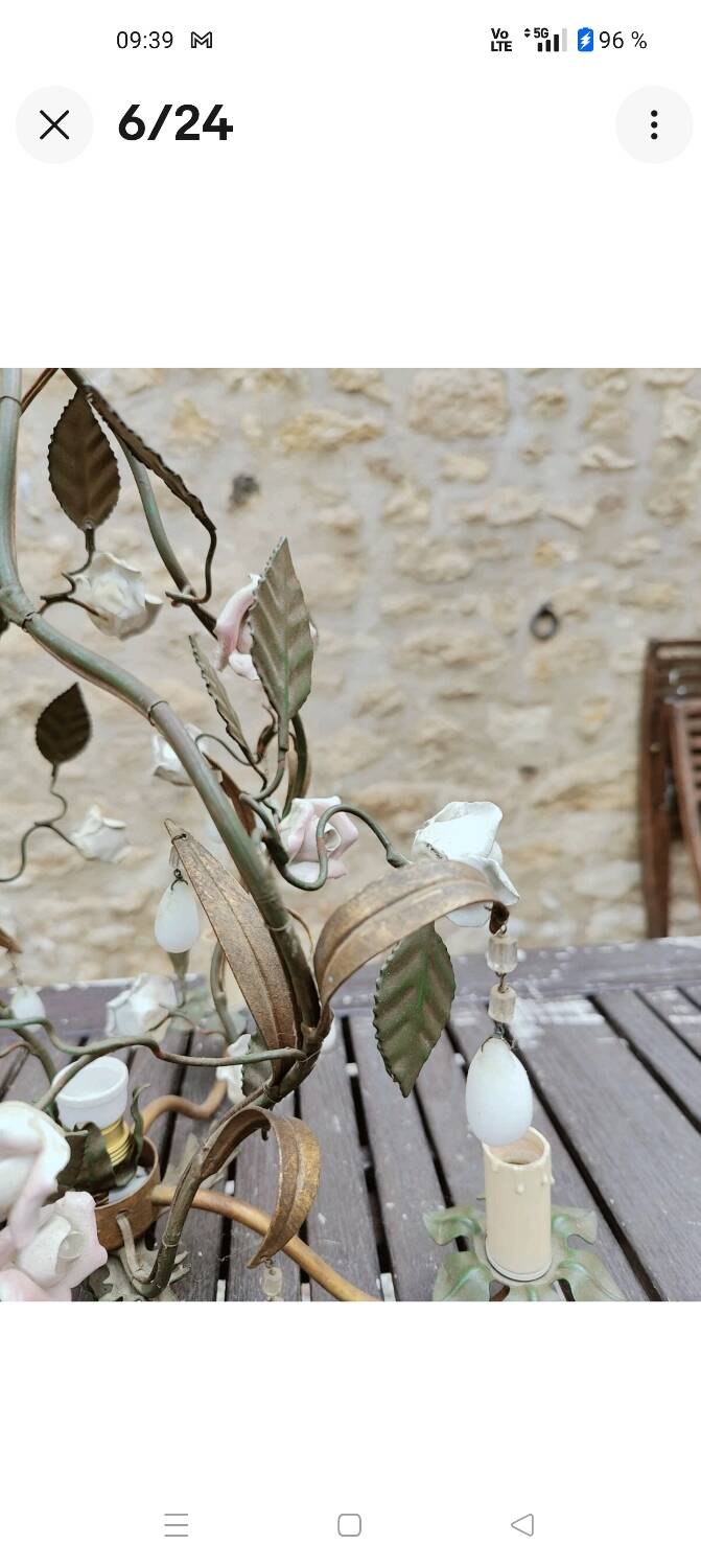 Italian cage chandelier decorated with ceramic roses and glass paste pendants
