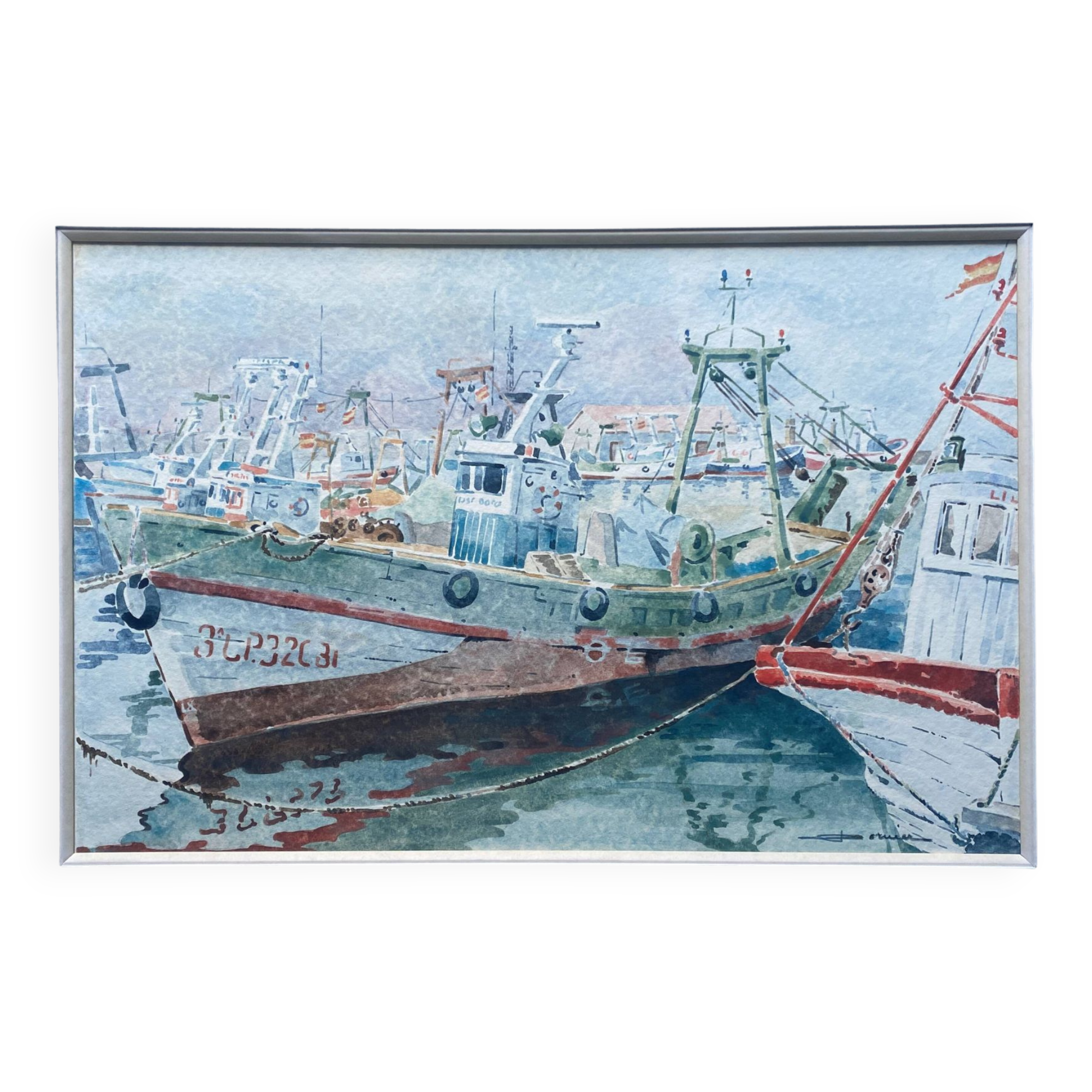Watercolor painting signed Dornier (?) "Boats at the port of Vuaros" Spain