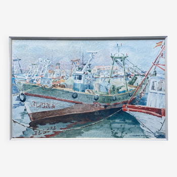 Tableau Aquarelle signée Dornier (?) "Bateaux au port de Vuaros" Espagne