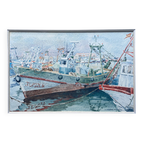 Tableau Aquarelle signée Dornier (?) ''Bateaux au port de Vuaros'' Espagne