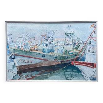 Tableau Aquarelle signée Dornier (?) "Bateaux au port de Vuaros" Espagne