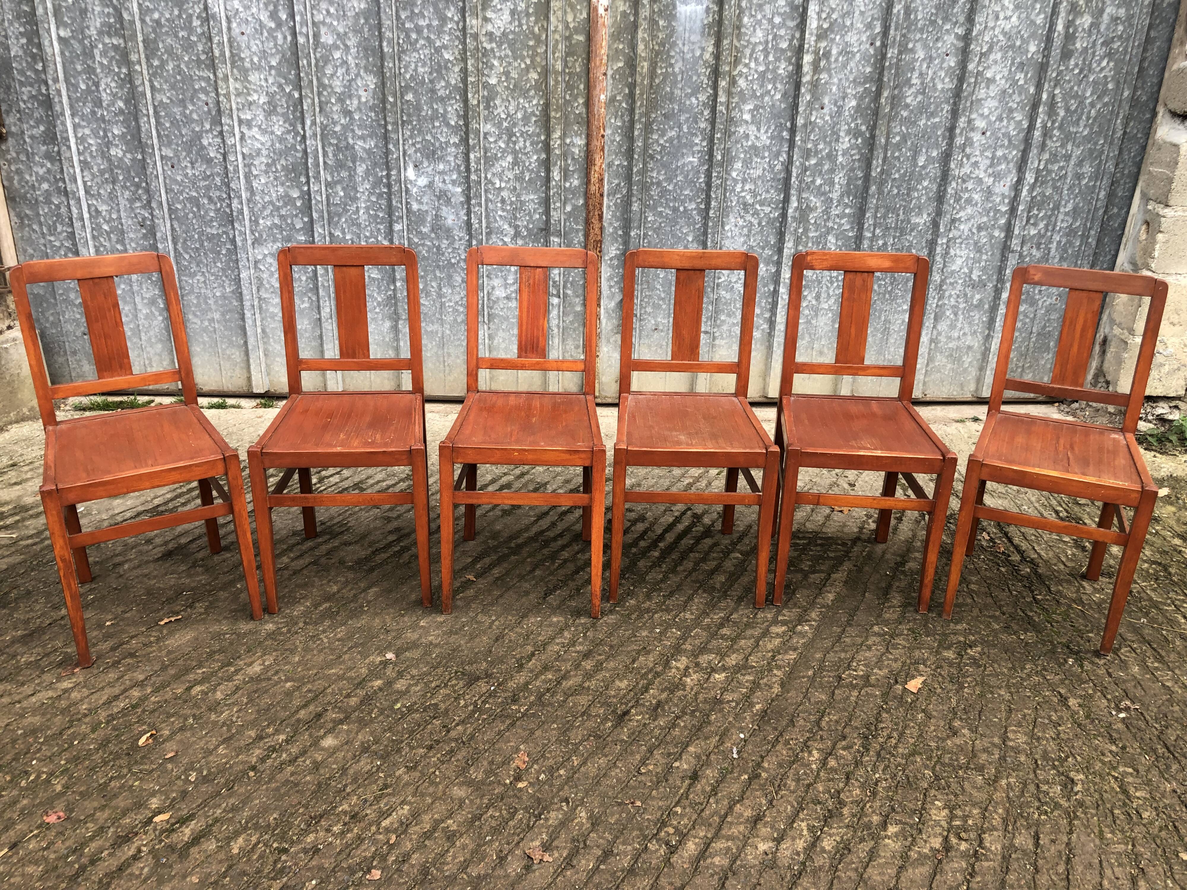 6 René Gabriel chairs from the reconstruction period in beech and plywood.
