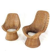 Set of 2 vintage rattan wicker armchairs with white teddy fabric