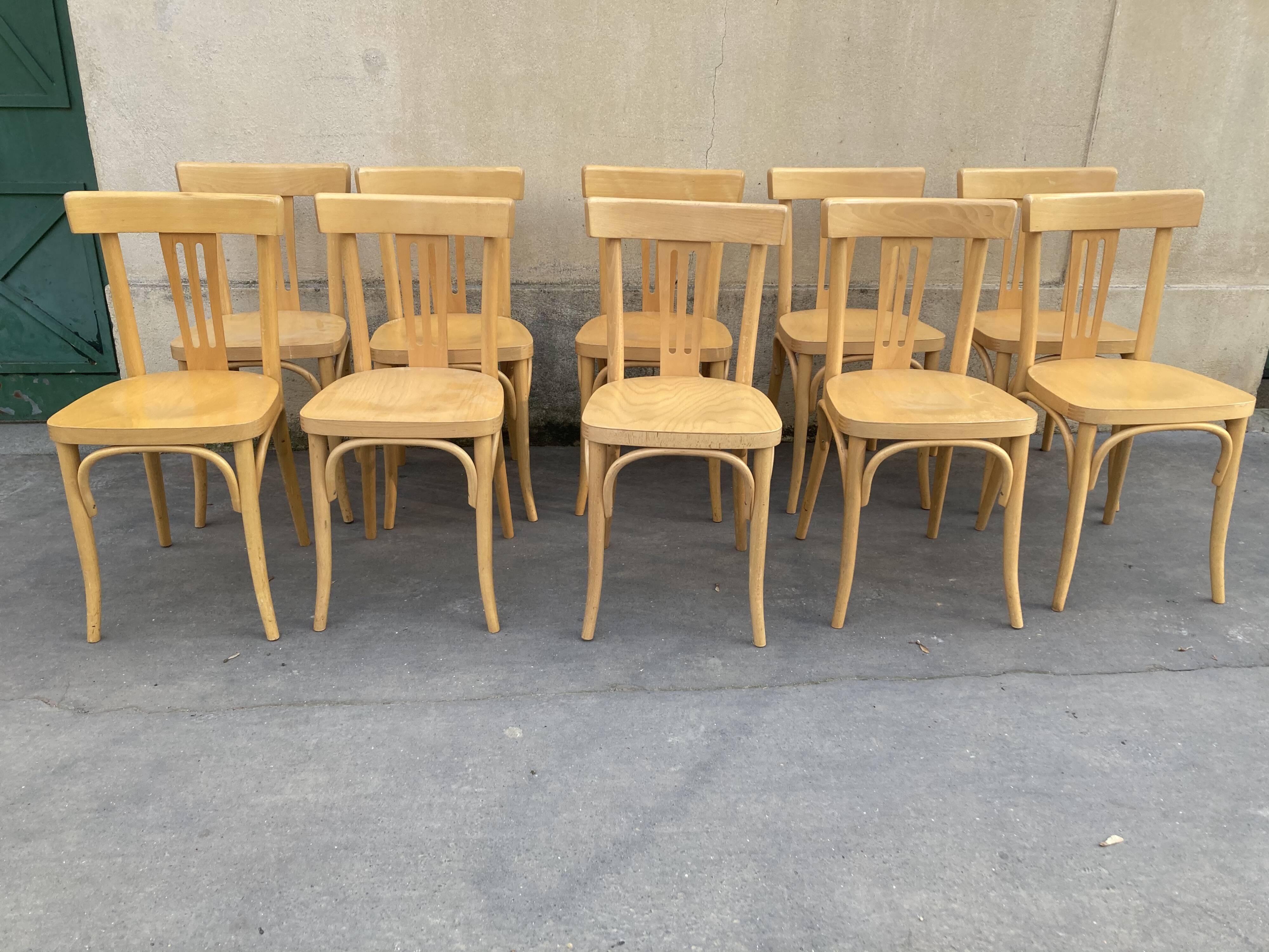 Set of 10 bistro chairs in light beech.
