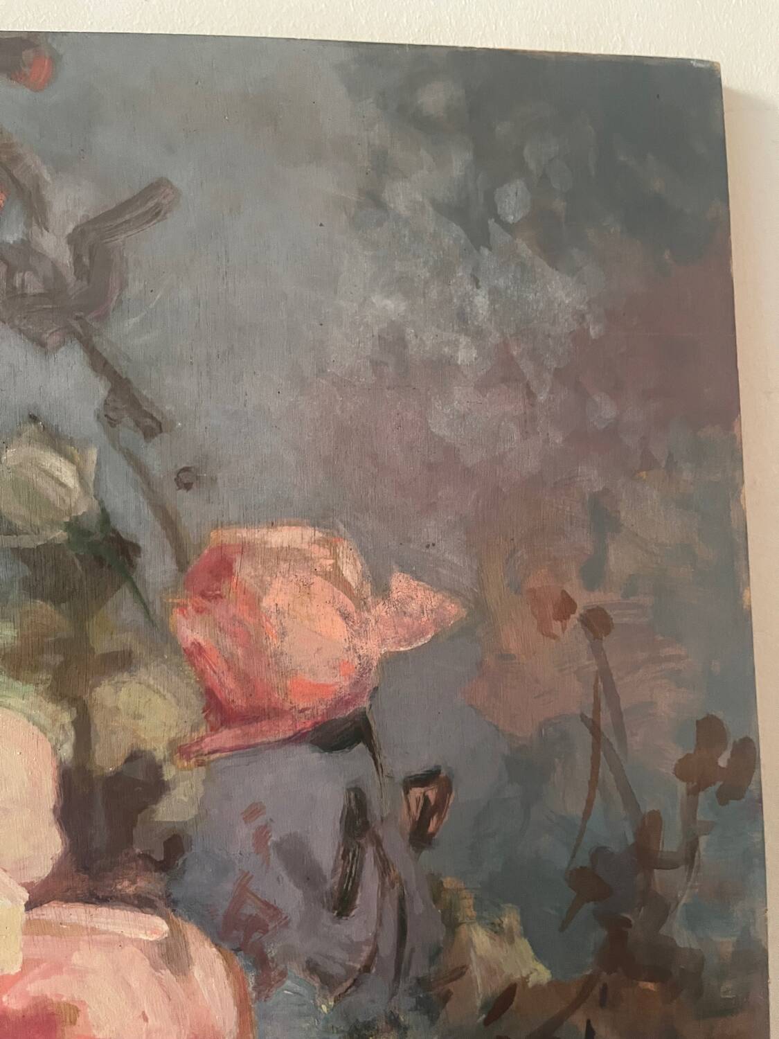 Large bouquet of roses, oil on wood panel, signed