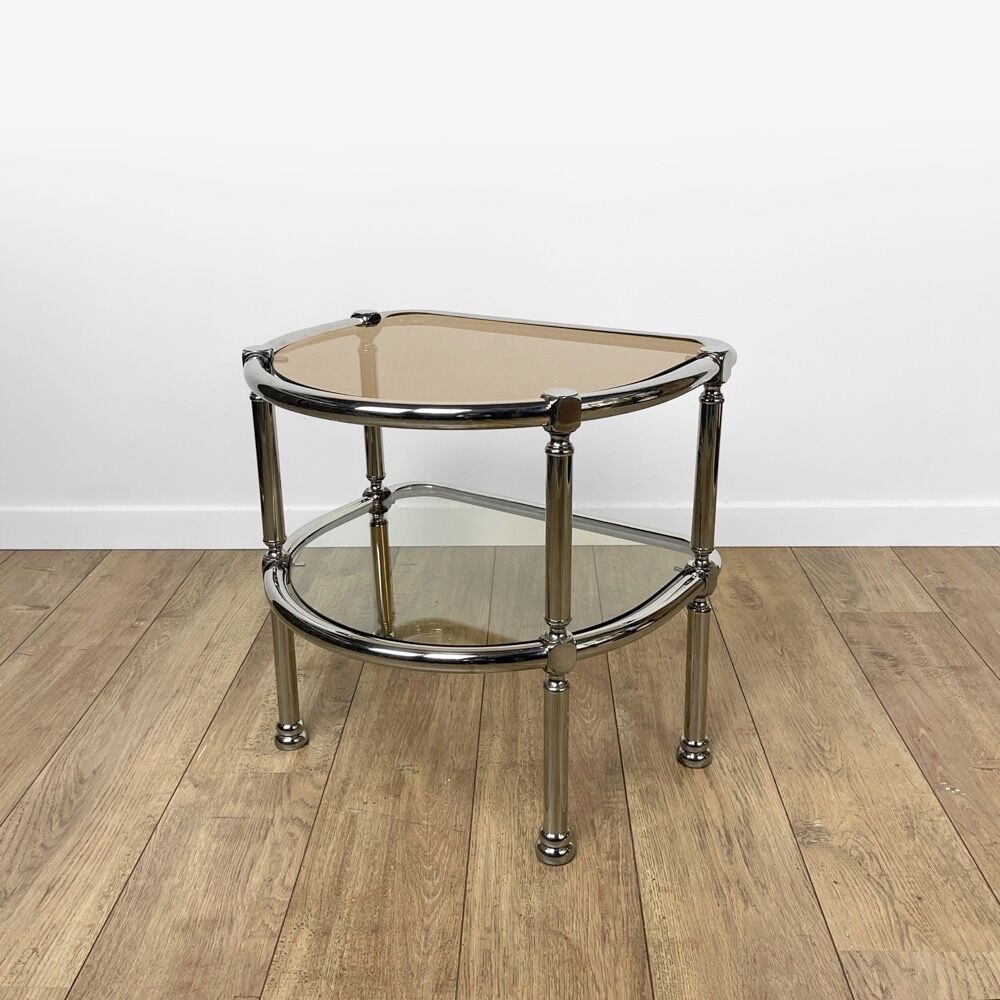 Half-moon side table double chrome tray and smoked glass 70's