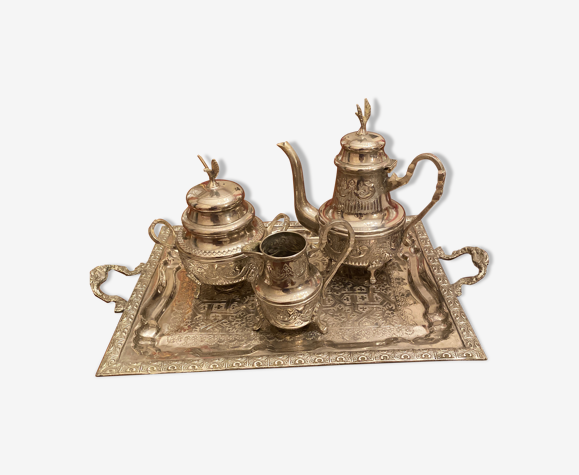 Service à thé marocain poinçonné en arabe métal argent travail artisanal |  Selency