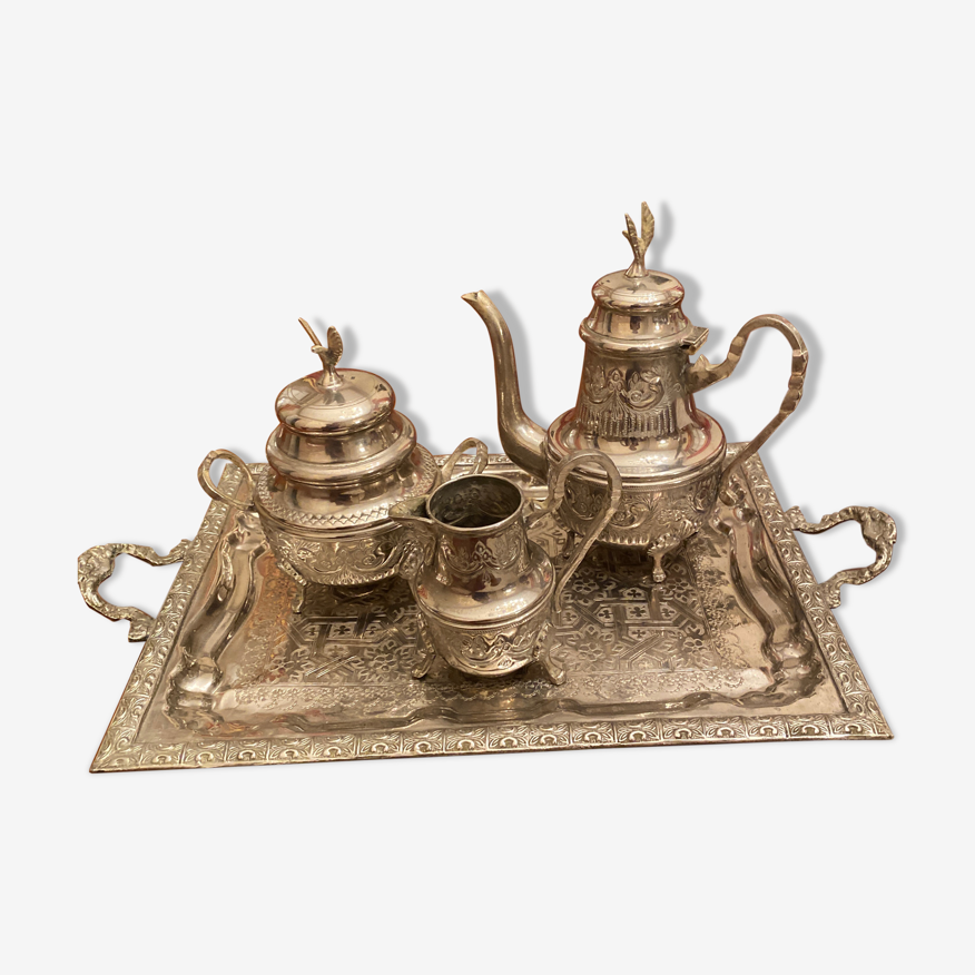 Service à thé marocain poinçonné en arabe métal argent travail artisanal |  Selency
