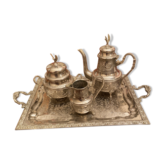 Service à thé marocain poinçonné en arabe métal argent travail artisanal