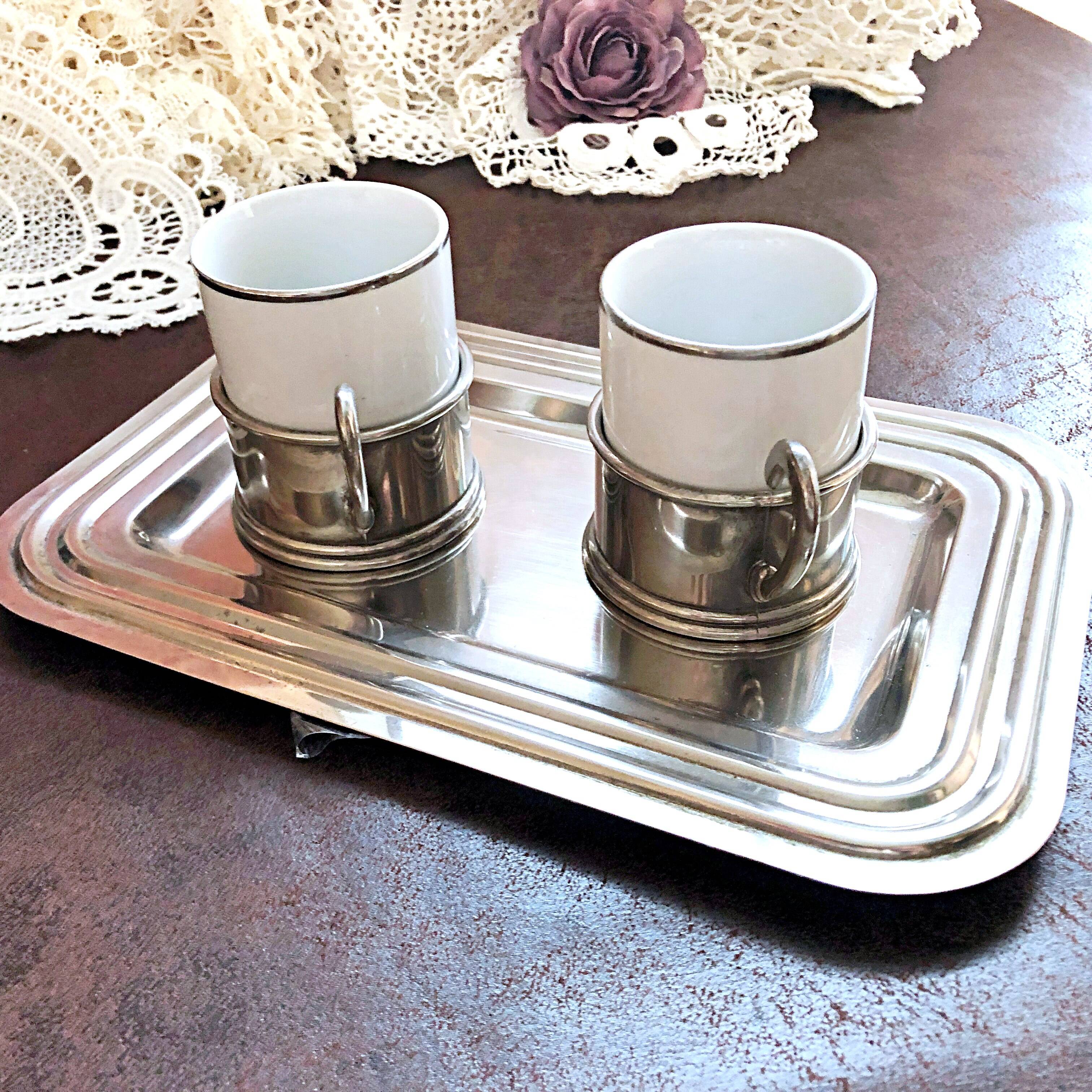 Duo Italian Porcelain Cups with Vintage Monopoly Pewter Holder