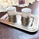 Duo Italian Porcelain Cups with Vintage Monopoly Pewter Holder