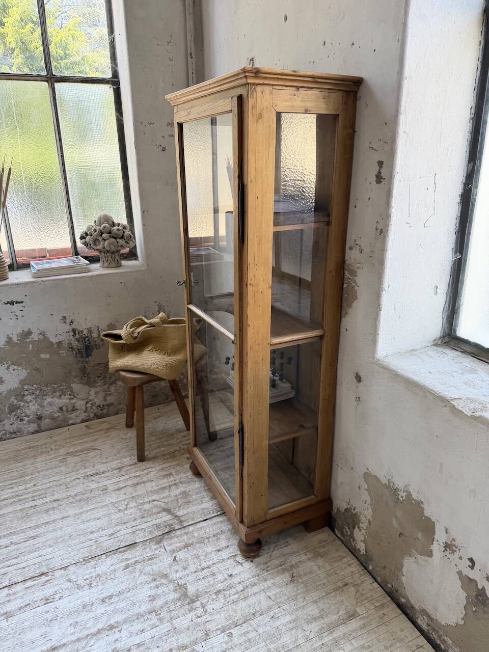 19th-century English pine display cabinet