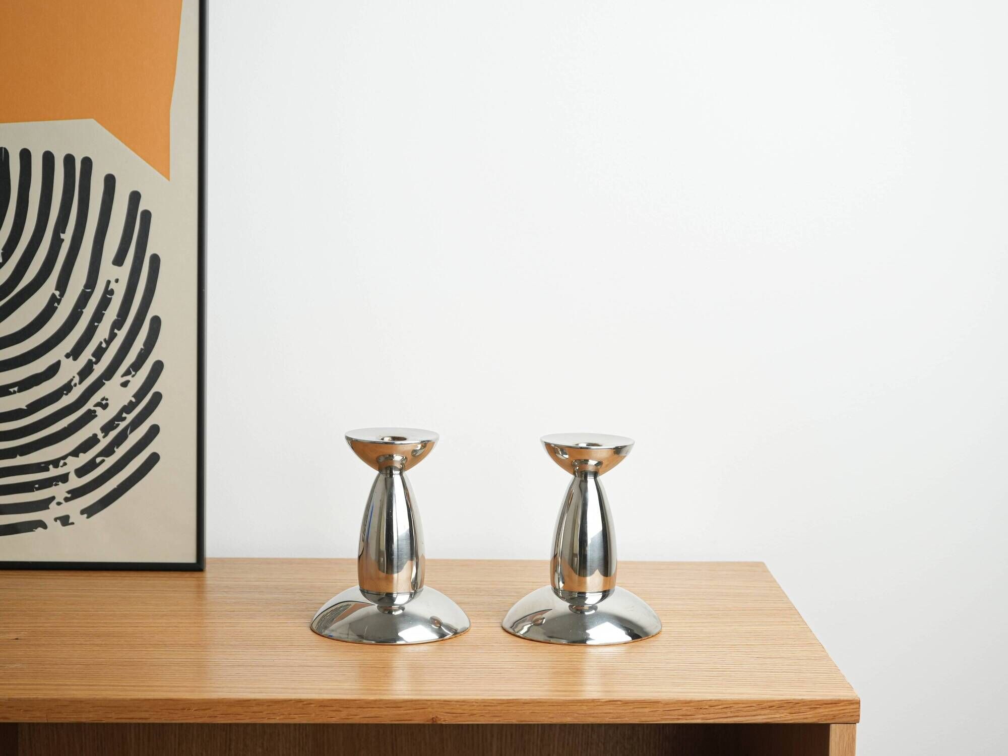 Pair of Chrome Candlesticks, Industrial Minimalist Design, European, 1970s