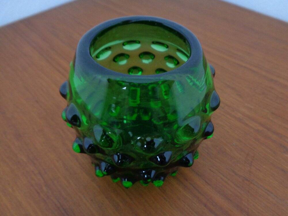 Italian green bubble glass vases and bowl by Empoli, set of 3, 1960s.