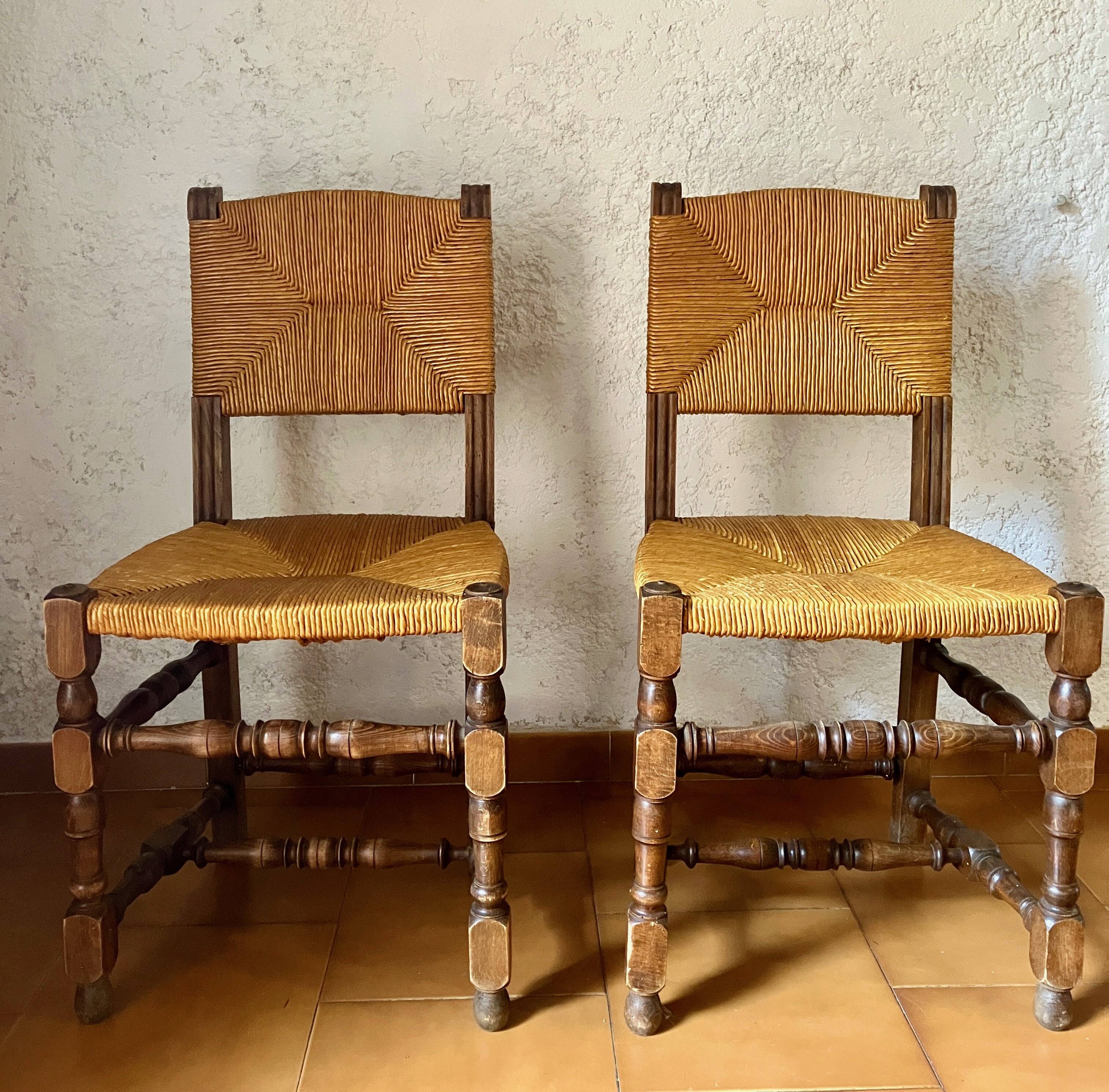 Lot de 4 Chaises en jonc et Bois