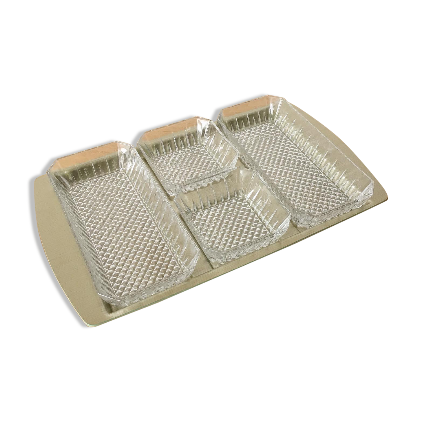 Set of vintage Arcoroc ramekin raviers on their tray