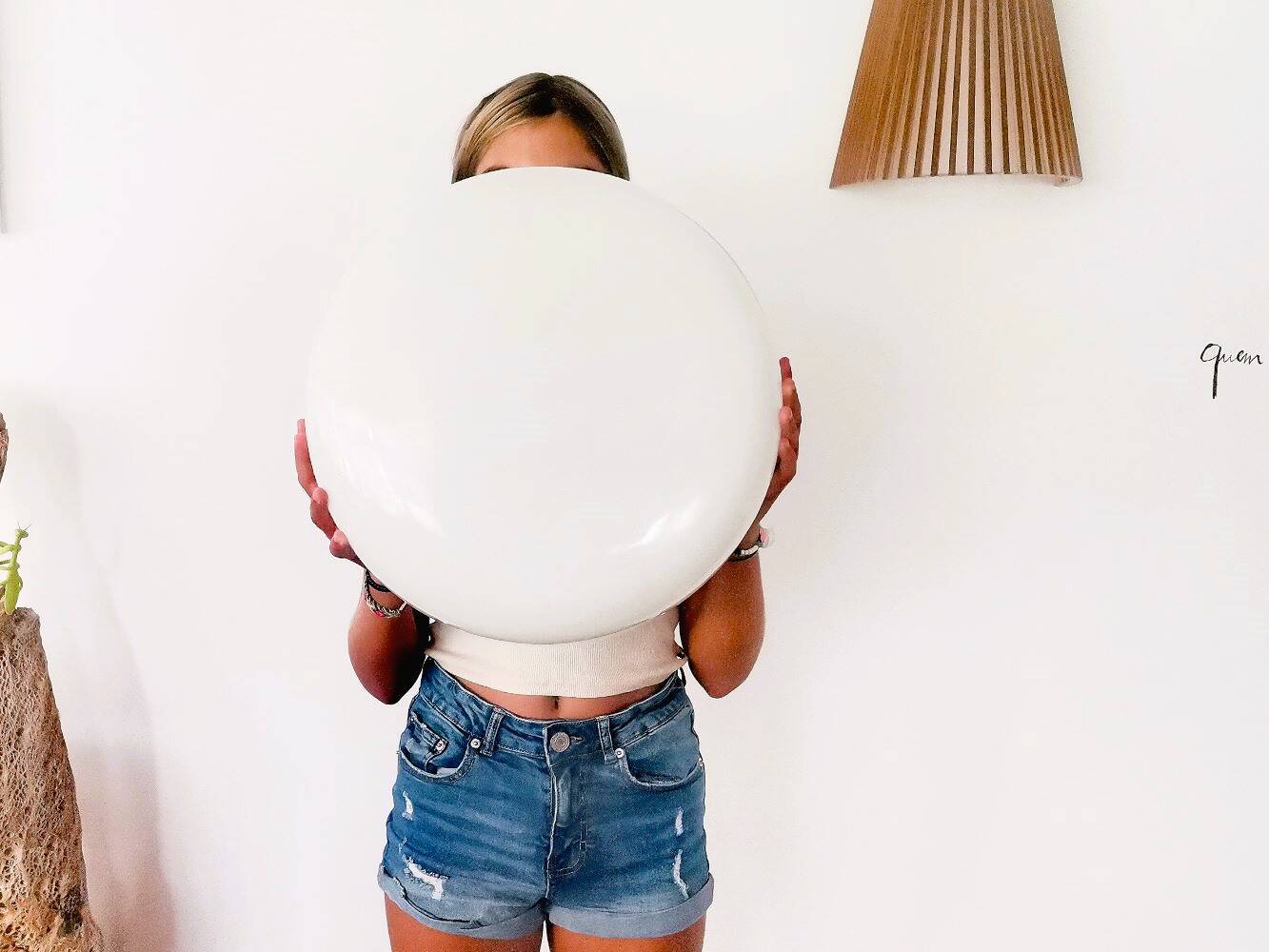 Large Italian glossy white acrylic minimalist pill flush mount ceiling fixture lamp. 1960s