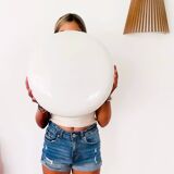 Large Italian glossy white acrylic minimalist pill flush mount ceiling fixture lamp. 1960s