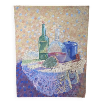 Old still life painting – small oil on mounted cardboard – 1970s/80s