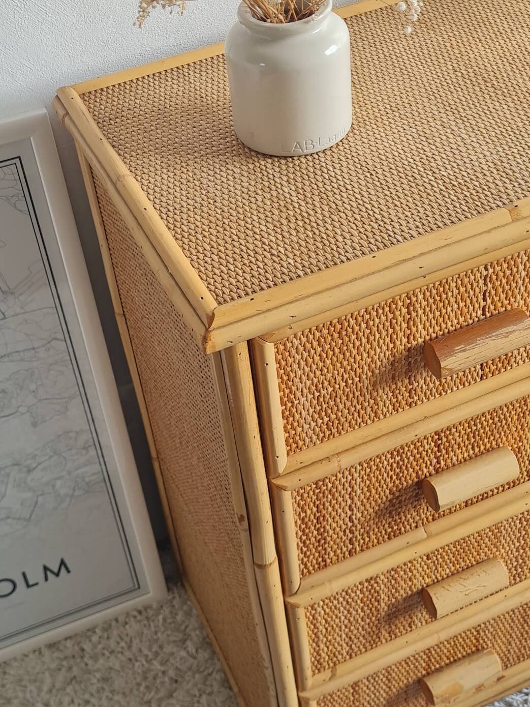 Vintage rattan chest of drawers from the 1970s.