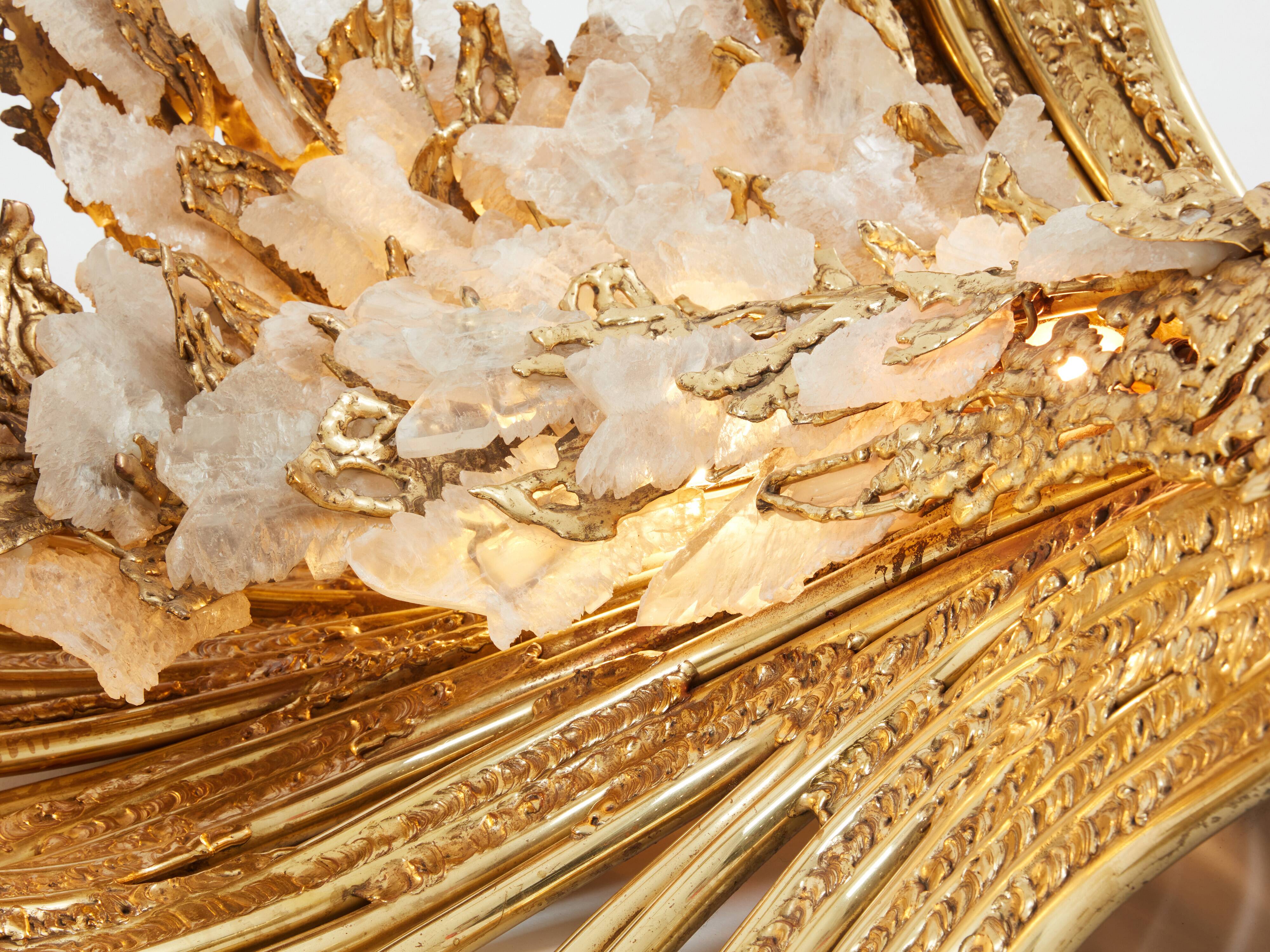 Dining table brass sculpture rock crystals Isabelle Faure 1970
