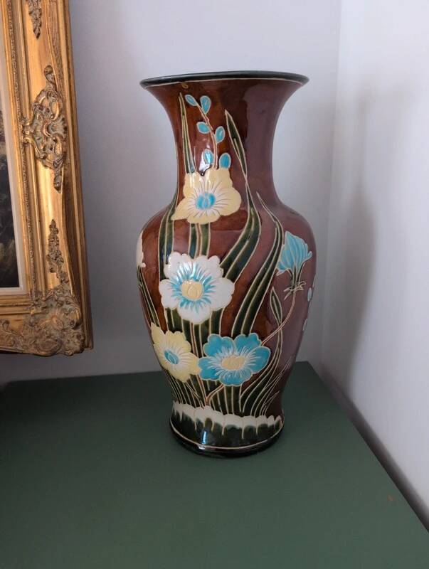 Large vintage antique vase with raised floral pattern.