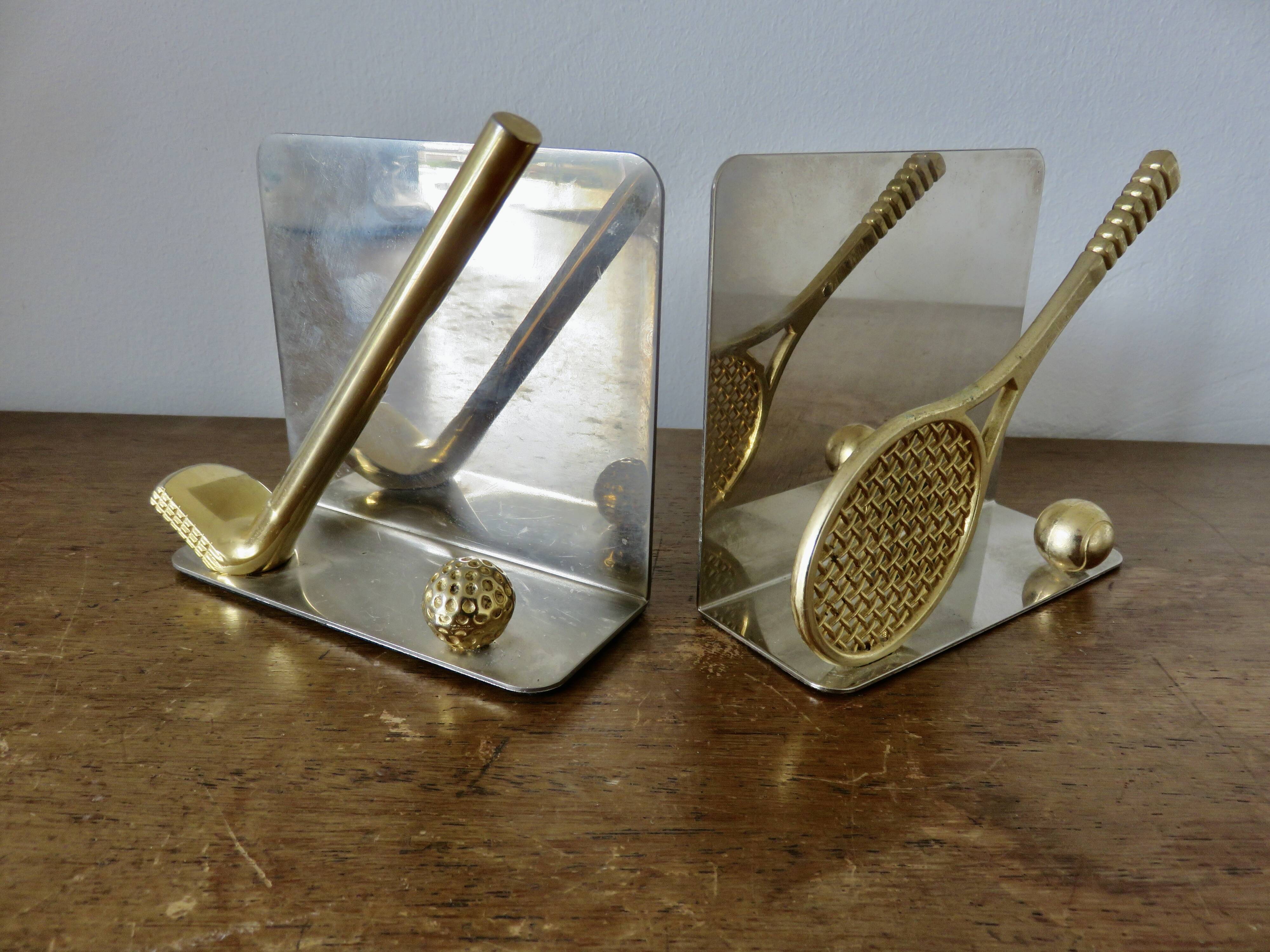 Serre livres en métal chromé et laiton "tennis & golf" années 70