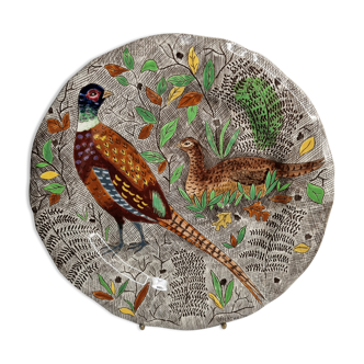 Plate in gien earthenware model rambouillet "couple of pheasants" signed in the décor, 26 cm