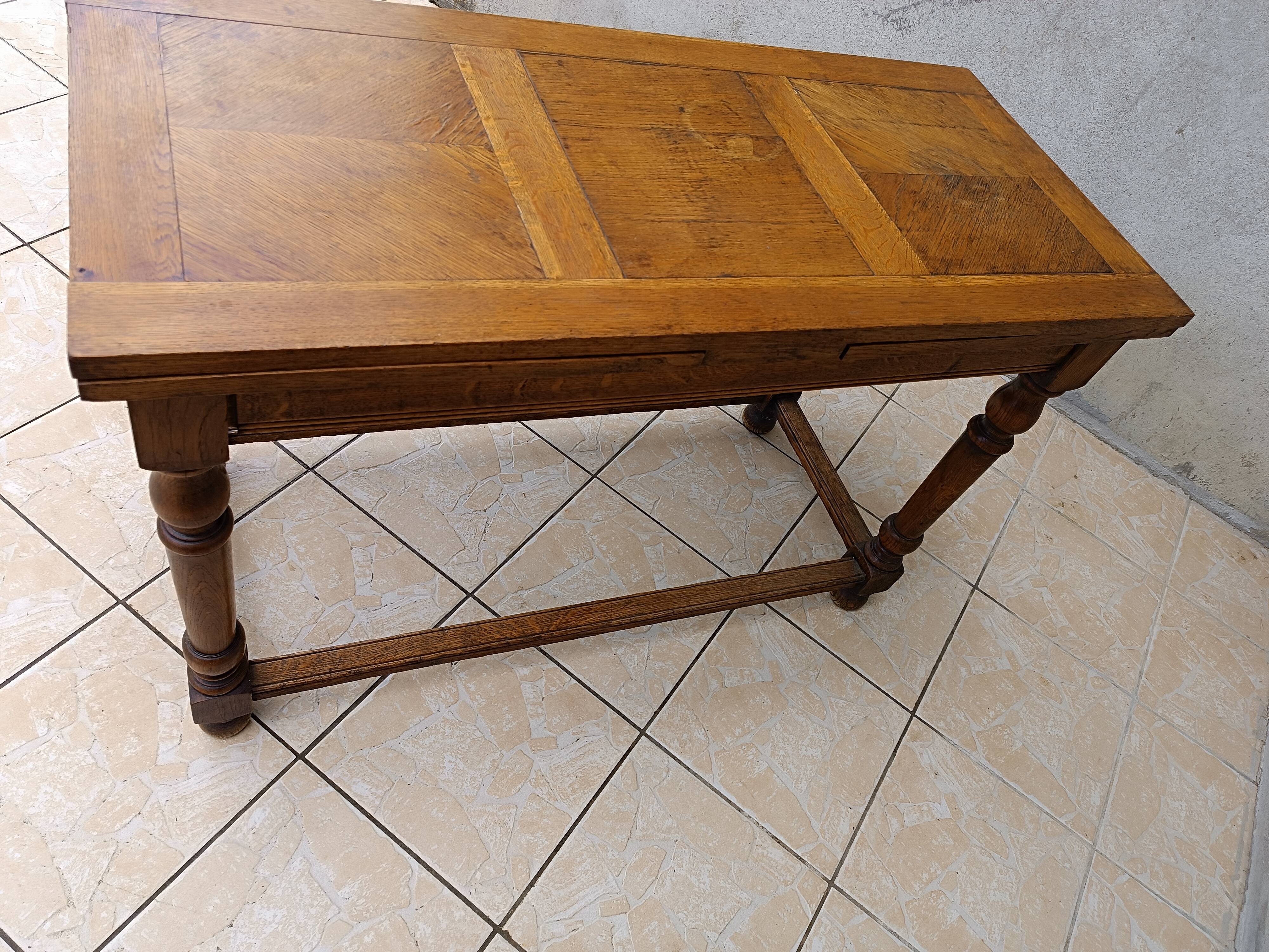 Table console rustique à rallonges en chêne début 20ème