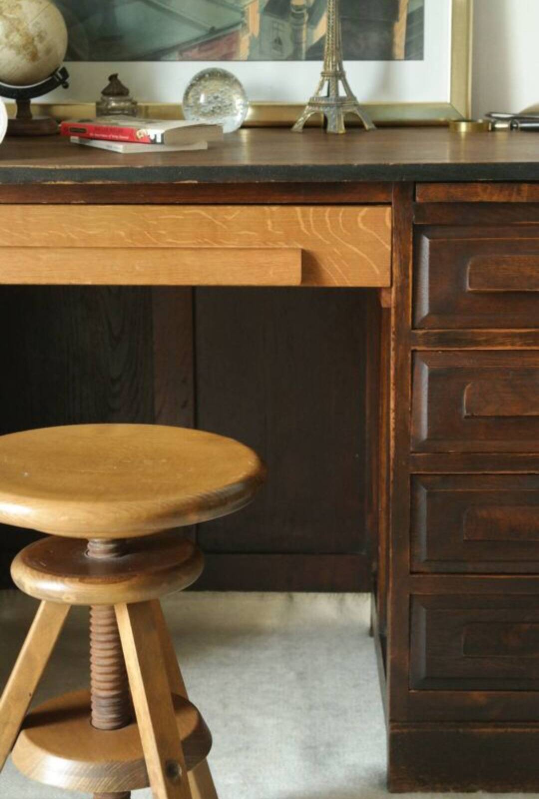 Vintage oak desk with its stool.