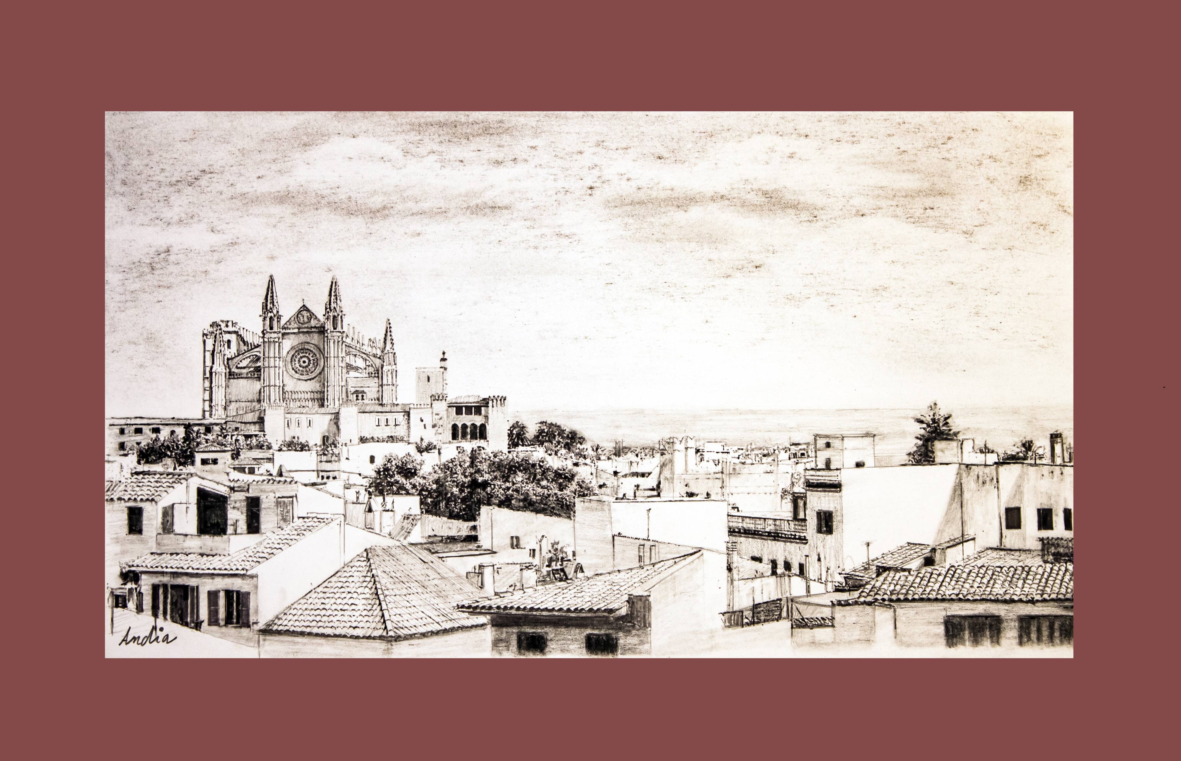Description of a panoramic view of Mallorca. mallorca drawing. cuadro mallorca.