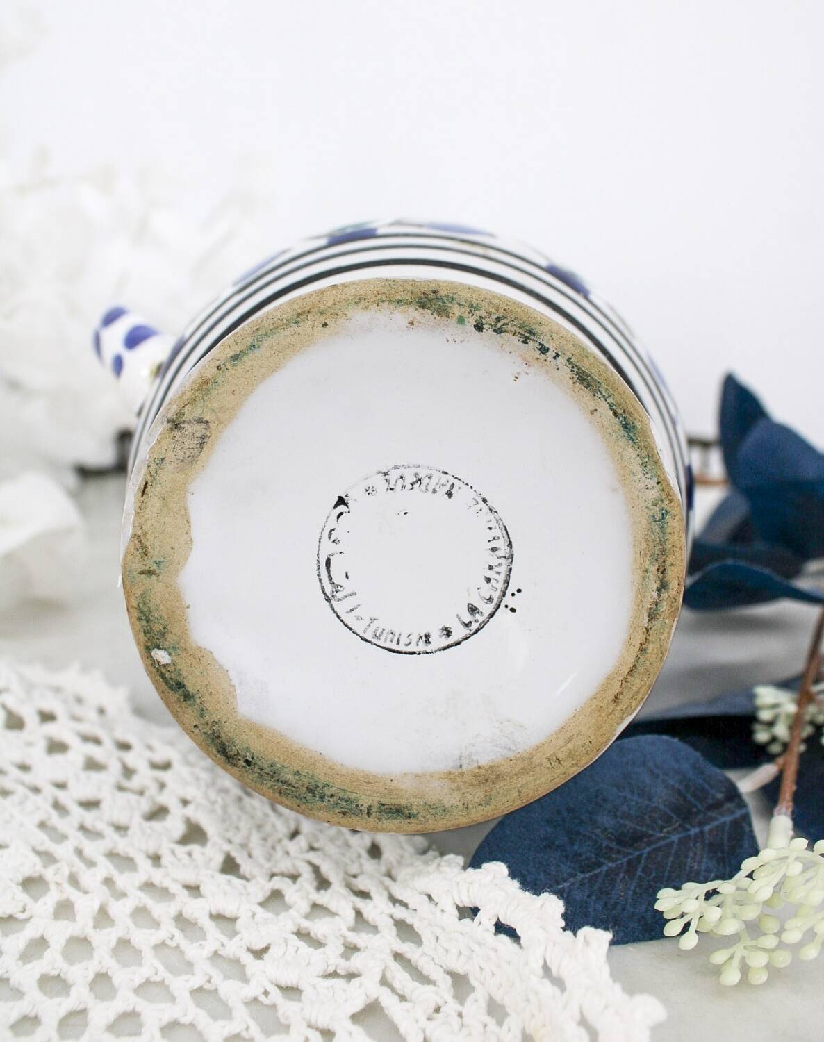 Vintage blue and green ceramic cat-shaped jug carafe