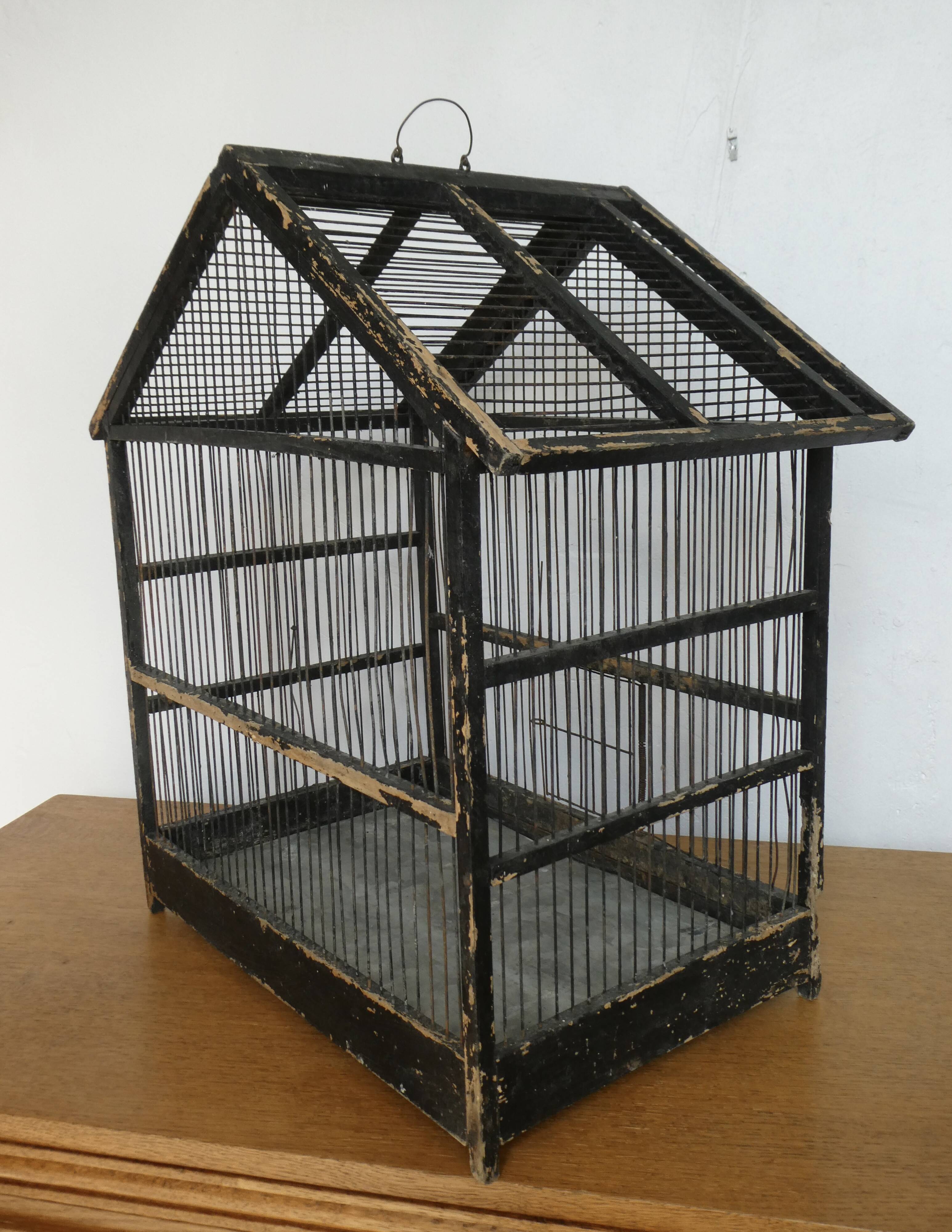 Wooden bird cage, original black patina, early 20th century