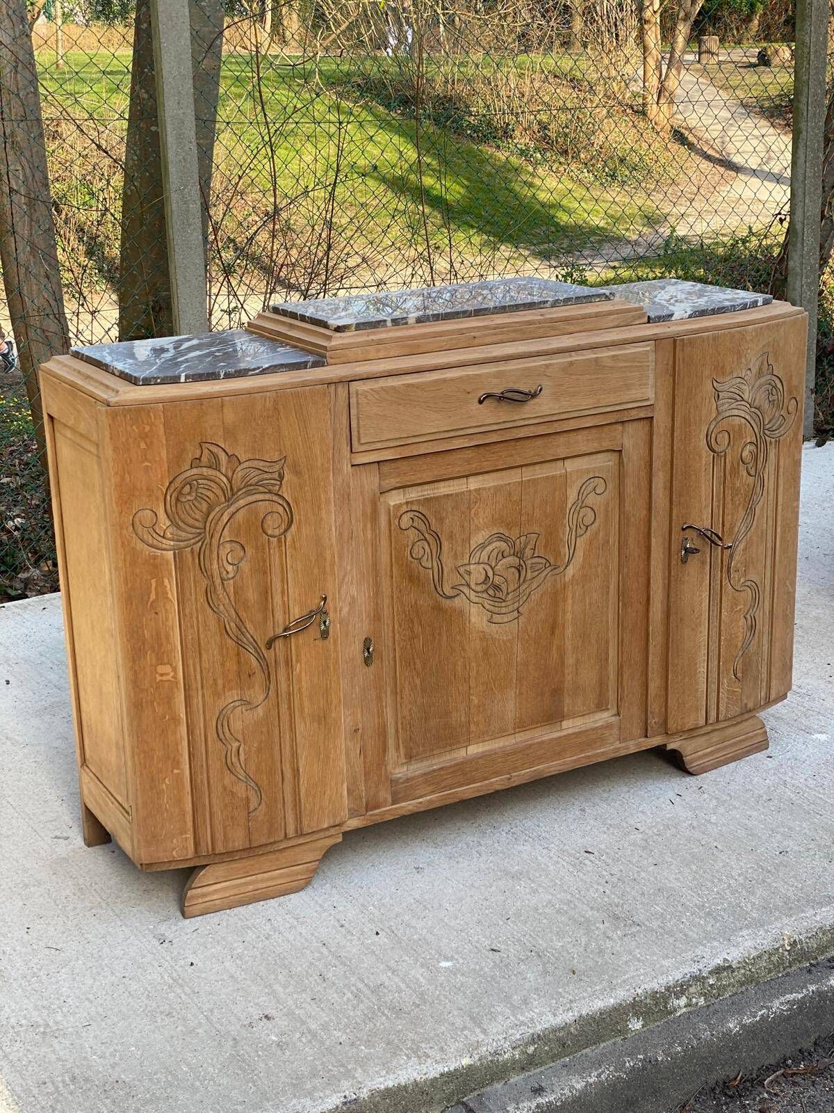 Parisian art deco 2-part buffet renovated in solid oak and marble 1940