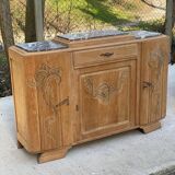 Parisian art deco 2-part buffet renovated in solid oak and marble 1940