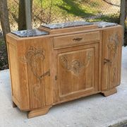 Buffet parisien art déco 2 corps en chêne massif et marbre, 1940, rénové