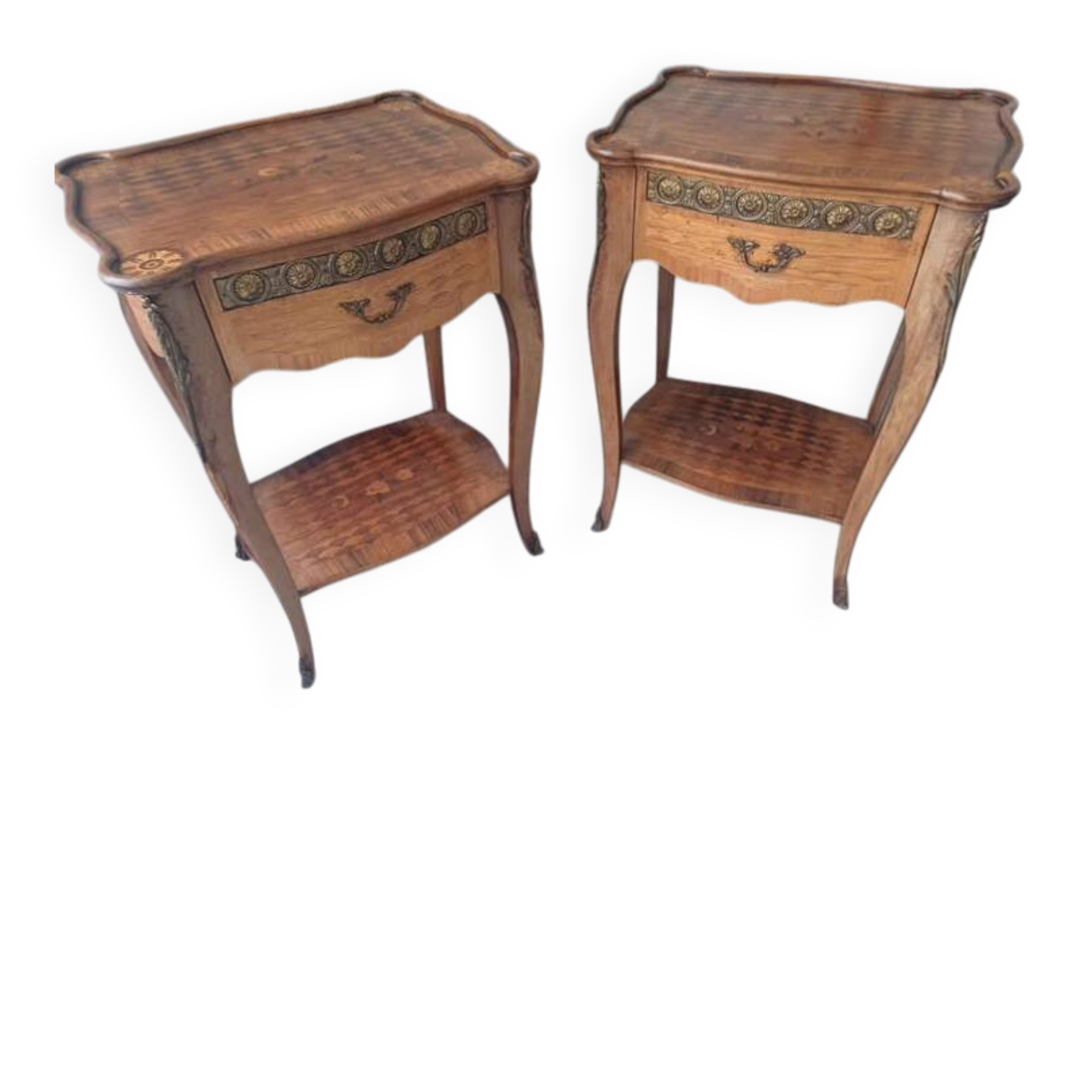 Pair of Louis XV style bedside tables with marquetry and bronze.
