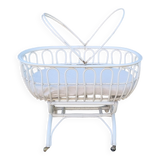 Bed crib bamboo rattan with wheels, white, with handle, vintage, 60s